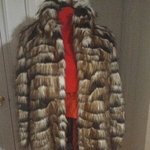 DKNY Striped Faux Fur Teddy Jacket - Brown and White